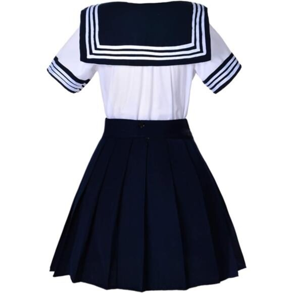 Elibelle Japanese School Girls Short Sleeve Uniform Sailor Navy Blue Pleated - Picture 6 of 8